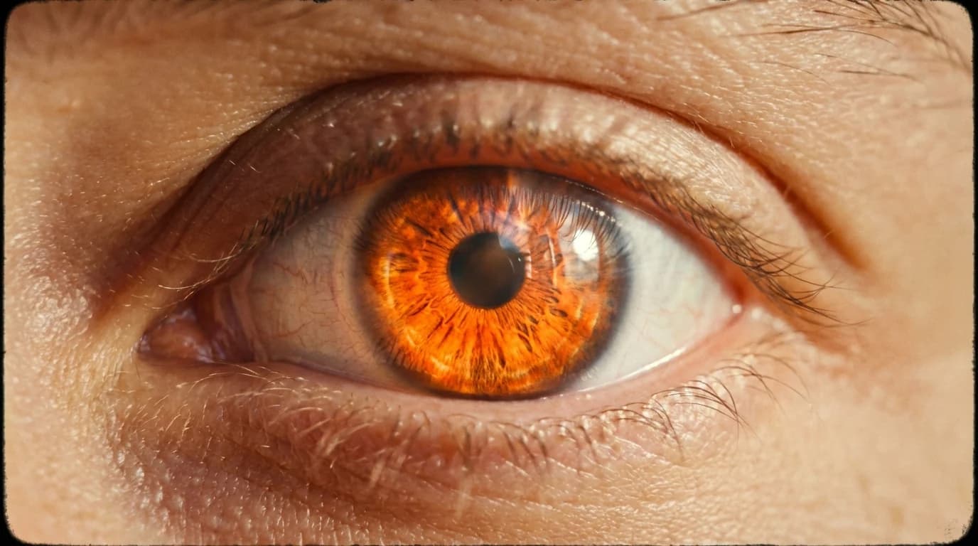 Cinematic close-up of an eye in warm light